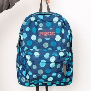 JanSport Multi Navy Superbreak Backpack Polkadots Turqoise Travel Work Camp Blue